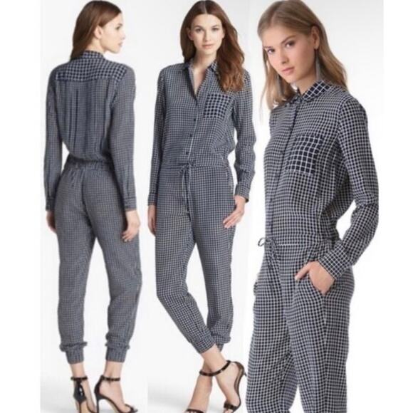 Theory Daranda 100% Silk Navy & White Windowpane Jumpsuit - Picture 2 of 10
